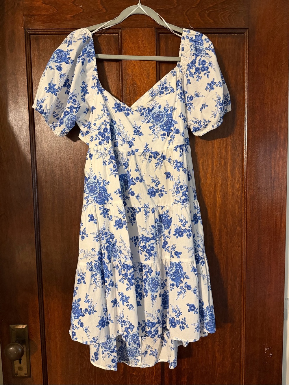Blue Floral Puff-Sleeve Mini Dress - White & Blue